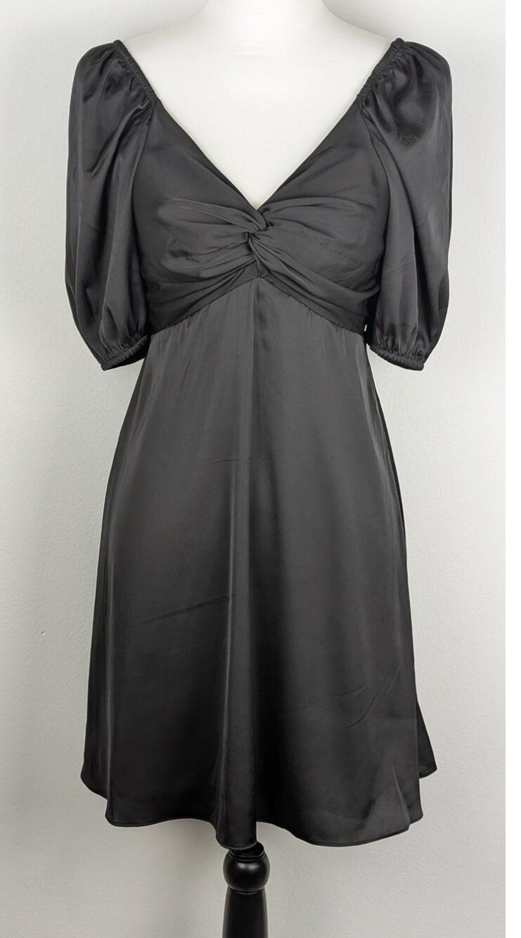 EXPRESS S Black Satin Puff Sleeve Dress Smocked Back Twist Front Conscious Edit